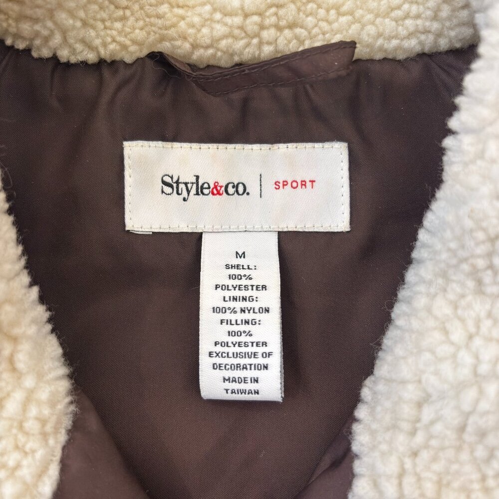 Style & Co Sport Brown Quilted Jacket Faux Shearling Collar Size Medium - Picture 4 of 4